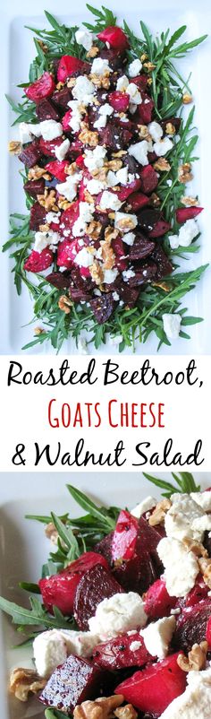 roasted beetroot, goat cheese and walnut salad on a white plate with text overlay