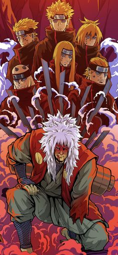 an anime character with many swords in his hands and other characters behind him, all wearing red