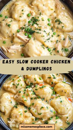 chicken and dumplings in a slow cooker with text overlay