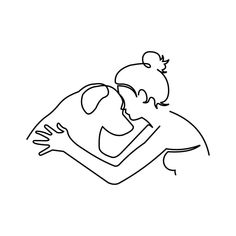 a black and white line drawing of a man hugging a woman's head with her arm around him