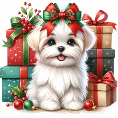 a small white dog sitting next to presents