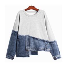 Casual Oversized Patchwork Tops, Long Sleeve Patchwork Sweatshirt For Spring, Spring Long Sleeve Patchwork Sweatshirt, Trendy Gray Patchwork Tops, Oversized Patchwork Casual Tops, Casual Denim Tops For Layering, Denim Blue Tops For Layering, Trendy Washed Tops For Winter, Denim Tops For Layering