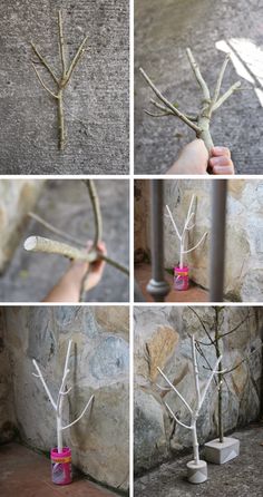 four different pictures show how to make a twig tree with branches and glue wrapped around it