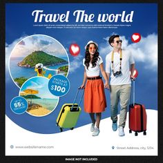 a man and woman walking with luggage in front of an advertisement for travel the world