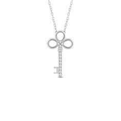 Within you is the key, and this diamond key necklace will remind you just that. Let your inner light shine bright and unlock your potential while wearing this beautiful necklace with a white gold pendant shaped like a vintage key and embellished with diamonds. Wear this every day and be reminded to keep your eyes open for opportunities. Elegant Key Pendant Necklace, Elegant Sterling Silver Key Jewelry, Elegant Sterling Silver Key Necklace, Silver Key Necklace, Key Necklace Vintage, Keep Your Eyes Open, Vintage Key, White Gold Pendant, Eyes Open