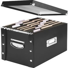 a black file box filled with files on top of a white background