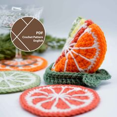 crochet pattern for an orange slice on top of coasters with text overlay