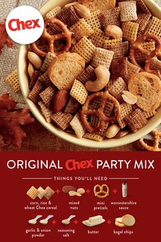 a bowl full of chex party mix