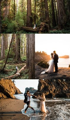 the bride and groom are walking through the water in their wedding attire, along with other photos