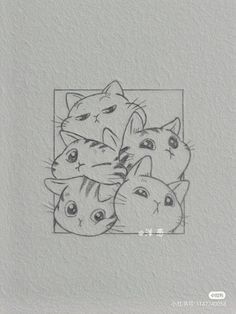 a drawing of four cats in a square with their heads tilted to the side and eyes closed