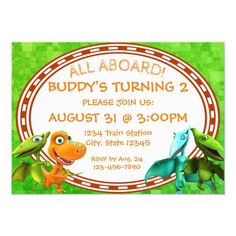 an image of a birthday party card with dinosaurs on the front and green background