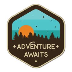 the adventure awaits sticker is shown in brown and blue with trees on it