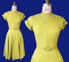 vintage late 1940s - early 1950s day dress, made of a neon chartreuse lime green rayon linen.  please note: this was a hard color to capture, it tends to mess with my camera! the pic against the brick wall is too bright, and the ones on the form are too muted + yellow. it's in the middle in real life!  ➡ thick padded shoulders  ➡ neckline is studded with white satin dots + rhinestones ➡ cap sleeve with upturned cuffs  ➡ nipped waist with matching belt  ➡ swishy full skirt with chevron seaming sw Forties Fashion, Muted Yellow, Curated Closet, 1940s Dresses, Wonderful Life, 50s Dresses, Dress Inspiration, 1940s Fashion, 50s Fashion