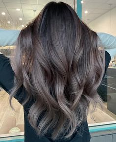 Grayish-Brown Balayage with Silvery Sheen Ash Brown Balayage On Black Hair, Ash Brown Grey Hair, Ash Brunette Hair Balayage, Ash Brown Balayage On Dark Hair, Mushroom Ash Brown Hair Balayage, Ash Balayage On Dark Hair, Mushroom Brown Balayage, Ash Brown Hair Dye