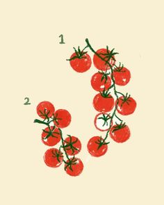 an image of tomatoes on the vine with numbers 1 and 2 written in red ink