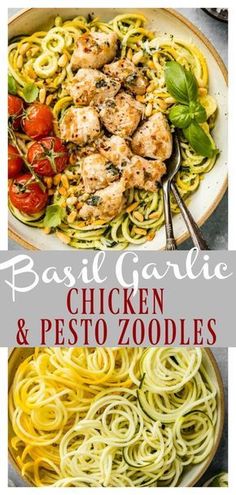 pasta with chicken and pesto zoodles on top is shown in two different images