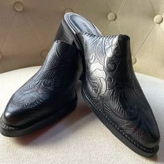 Markon Tooled Leather Slip On Heels In Black, Size 8 Approximate 2” Heel. Leather Upper. Man Made Sole. Beautiful Tool Adds Special Interest To The Shoe. Brand New. Slip On Heels, Special Interest, Tooled Leather, Leather Tooling, Leather Slip Ons, Mule Clogs, Mules Shoes, Clogs, Leather Upper