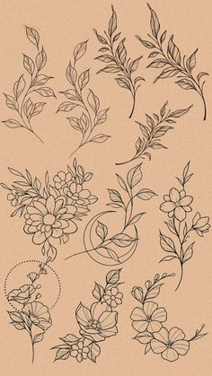 flowers and leaves are drawn in black ink on beige paper, each with different designs