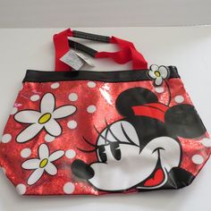 Minnie Mouse Tote Shopping Bag Red Glitter Purse Daisies Nwt Disney Store Brand: Disney Store Size: Medium Height: 11.5" Width: 16" Depth Inside: 10" Inside Pockets: None Outside Pockets: None Strap Drop: 7" Color: Red Sparkle Season: Any Other Details: This Is Great For A Disney Vacation To Take Along For Your Souvenirs, Sweaters, Snacks, Etc. Disney Minnie Mouse Red Bags, Cute Red Minnie Mouse Bag, Red Minnie Mouse Bag For Disney Fan Events, Red Minnie Mouse Bag For Daily Use, Red Minnie Mouse Bags, Carpet Bag Purse, Disney Tote Bags, Glitter Purse, Disney World Christmas