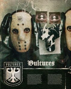 three masks with the words vultures written on them are in front of an advertisement