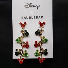 Disney X Baublebar Festive Mickey Mouse Jeweled Pierced Dangle Earrings Goldtone Setting Alternating Red And 2 Shades Of Green Sparkly Rhinestones In Mickey Head Silhouette Shape 2.75" Long Silhouette Earring, Head Silhouette, Mickey Mouse Head, Mickey Head, Shades Of Green, Red Green, Gold Tones, Dangle Earrings, Jewelry Earrings