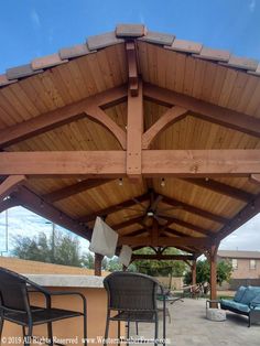 an outdoor covered patio with chairs and tables