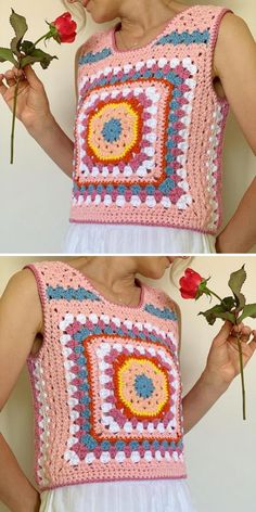 two pictures of a woman holding a rose in her hand and wearing a crocheted top