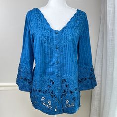 This Textured Feminine Top And Tank Set From Soft Surroundings Is Right On Trend! The Button Up Top Is Woven Nubby Cotton With A Subtle Stripe. Lace Edging Around The Hem And At The End Of The 3/4 Sleeves. Scalloped Neckline With Embroidery Around It Falls To A Gentle V-Neck. The Stretchy Tank Is Optional, Shirt Can Be Worn Without It (Shirt Is Not Revealing). Color Is Poseidon, Which Is A Lovely Washed Indigo/Royal Blue. Extra Covered Button Included. Bust: 42" Length About 29", Hits Below Hip. Blue Bohemian Blouse With Buttons, Bohemian Blue Blouse With Buttons, Blue Bohemian Button-up Shirt, Bohemian Blue Button-up Shirt, Blue Bohemian Button-up Top, Bohemian Blue Button-up Top, Ombre Tunic, Scalloped Neckline, It Shirt