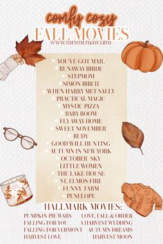 an autumn movie list with pumpkins, glasses and other things to do in the fall