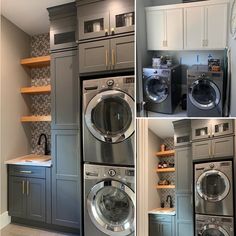 four pictures of different types of appliances in a kitchen, laundry room, and bedroom