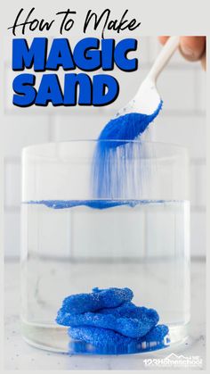 how to make magic sand in a glass bowl with blue dust and a white spatula