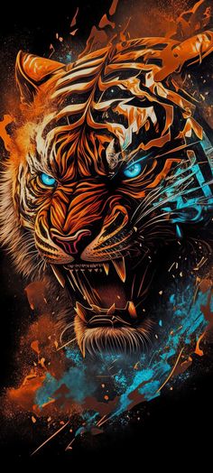 a tiger with blue eyes and orange paint splatters on it's face