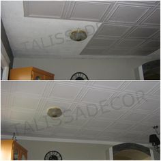 two pictures of the same ceiling in different rooms, one with a clock on it