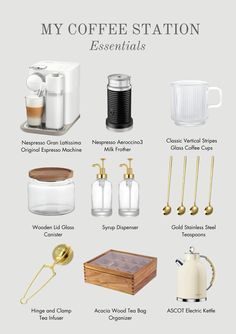 coffee station essentials for the kitchen and dining room, including cups, mugs, sugar