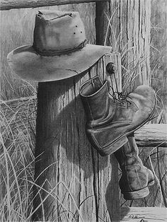 a drawing of a hat and boots hanging on a fence post