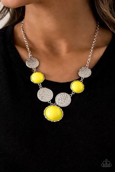 Embossed in wavy textures, shiny silver discs link with bubbly yellow beaded frames below the collar, creating a colorful statement piece. Features an adjustable clasp closure. Paparazzi Jewelry Images, Paparazzi Accessories Jewelry, Bead Frame, Yellow Necklace, Bohemian Accessories, Purple Pearl, Paparazzi Accessories, Disc Necklace, Chic Jewelry