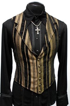 "A Victorian gentleman's vest with class. Great for formal occasions, can be worn under a suit jacket or by itself. Made in rich gold and black stripe tapestry fabric with black satin lining and back. This vest has a very flattering tapered fit and ties in back with satin belting so it can be made tighter in the waist. Fastens in front with six brass buttons. A notched collar adds extra style. Comes in sizes small-XXXL. Smoooth! Size small = chest 39\" waist 36\" Size medium = chest 42\" waist 3