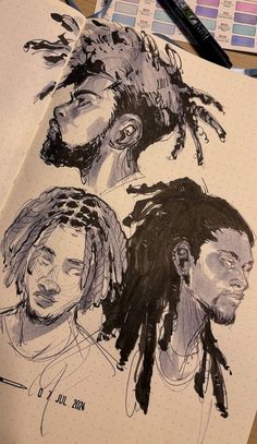 a drawing of three men with dreadlocks on their heads and one man's face