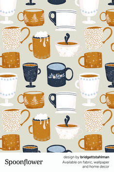 the cover of spoonflower magazine features coffee cups and mugs in orange, blue, gray and white