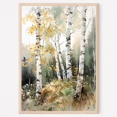 a watercolor painting of birch trees with yellow leaves