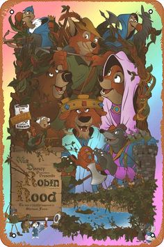 an old movie poster with many cartoon characters in the background, including bears and other animals