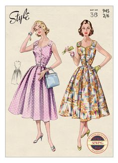 two women in dresses and purses, one is wearing a dress with polka dots on it