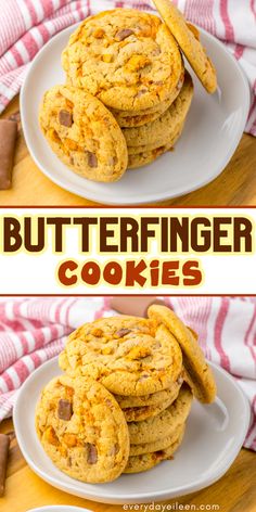 butterfingered cookies are stacked on top of each other with the words butterfingerer cookies above them