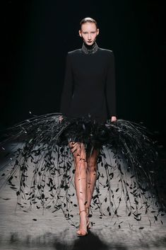 Long sleeves feathered hem short dress - HerTrove Isabel Sanchis, Exclusive Gowns, Black Long Sleeve Mini Dress, Feather Skirt, Dress Name, Fitted Mini Dress, Cape Dress, A Line Gown, Couture Gowns