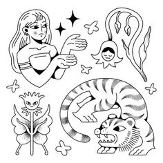 an ink drawing of a girl and her cat, with other animals around her in black and white