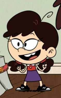 a cartoon girl with glasses holding a paper towel