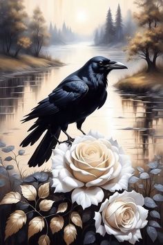 a painting of a black bird sitting on top of a white rose next to water