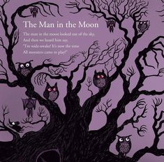 the man in the moon book cover with owls sitting on a tree and an owl's head