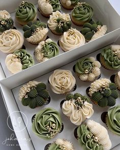 cupcakes with green and white frosting in a box