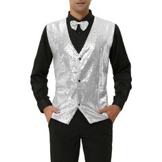 Sleeveless V-neck, full sequin design, makes you eye-catching in the crowd. The classic single-breasted party suit vest and slim tailoring perfectly show your charm. This sequined vest is matched with a bow tie, trousers, shirt, and blazer to create a bright and handsome appearance. Suitable for multiple occasions, father's day, nightclubs, performance costumes, birthday parties, hip-hop, music festivals, Christmas, Halloween, role-playing, disco parties, etc. Model Body Size: Height: 6'1", Ches Fitted Vest For Costume Party In Winter, Fitted Vest For Winter Costume Party, Fitted Winter Vest For Costume Party, Fitted Sequin Vest For Spring, Sequined Fitted Vest For Spring, Winter Party Fitted Vest, Elegant Winter Party Vest, Fitted Party Vest For Party Season, Fitted Vest For Party Season